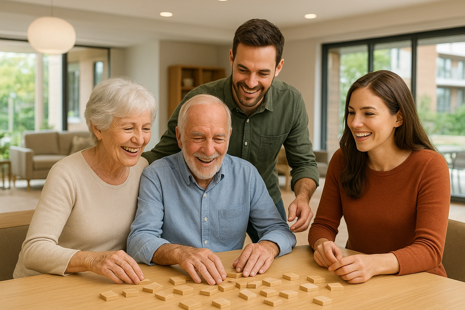 Seniors and younger people enjoying an activity together in a bright, modern community space, a key future senior housing trend.