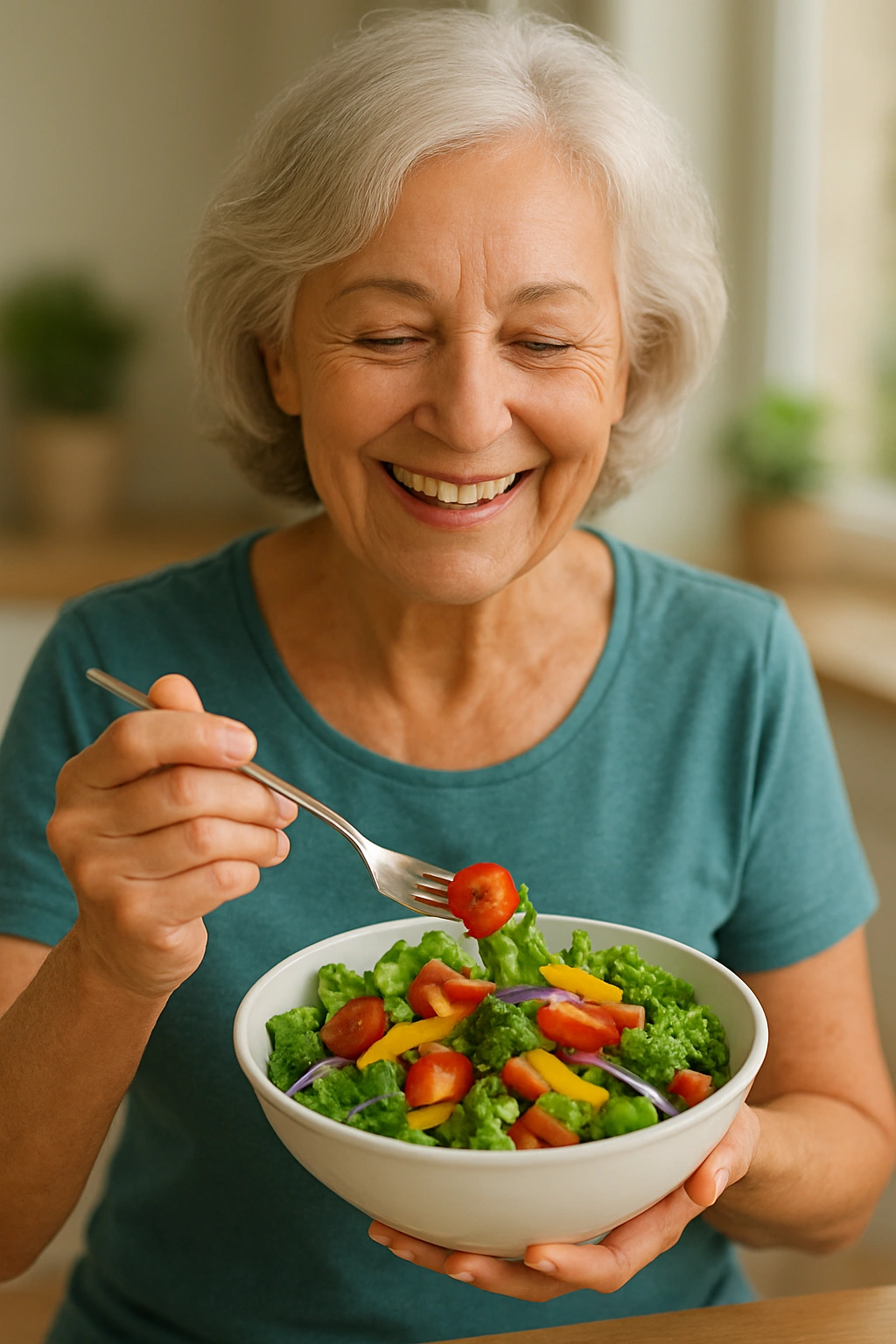 A vibrant, active senior enjoying a colorful, healthy salad, illustrating the benefits of good nutrition.