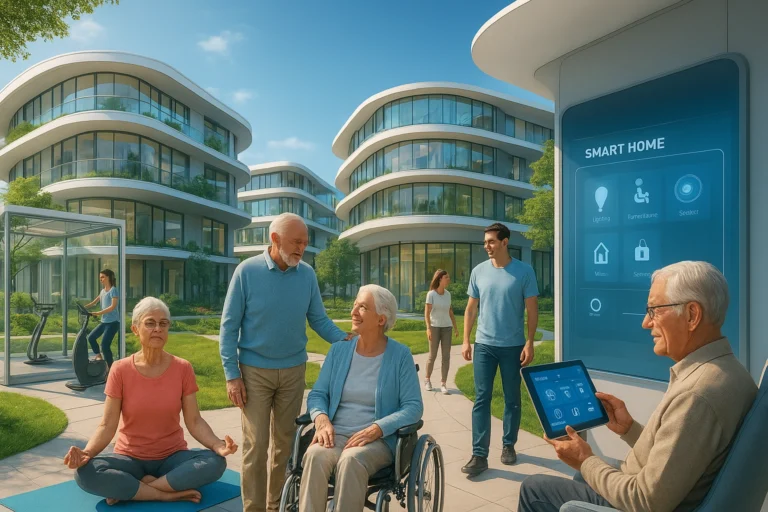 Futuristic senior housing community with seniors engaging in wellness activities, smart-home technology, and intergenerational social interactions, showcasing the future of senior living focused on independence, health, and connection.