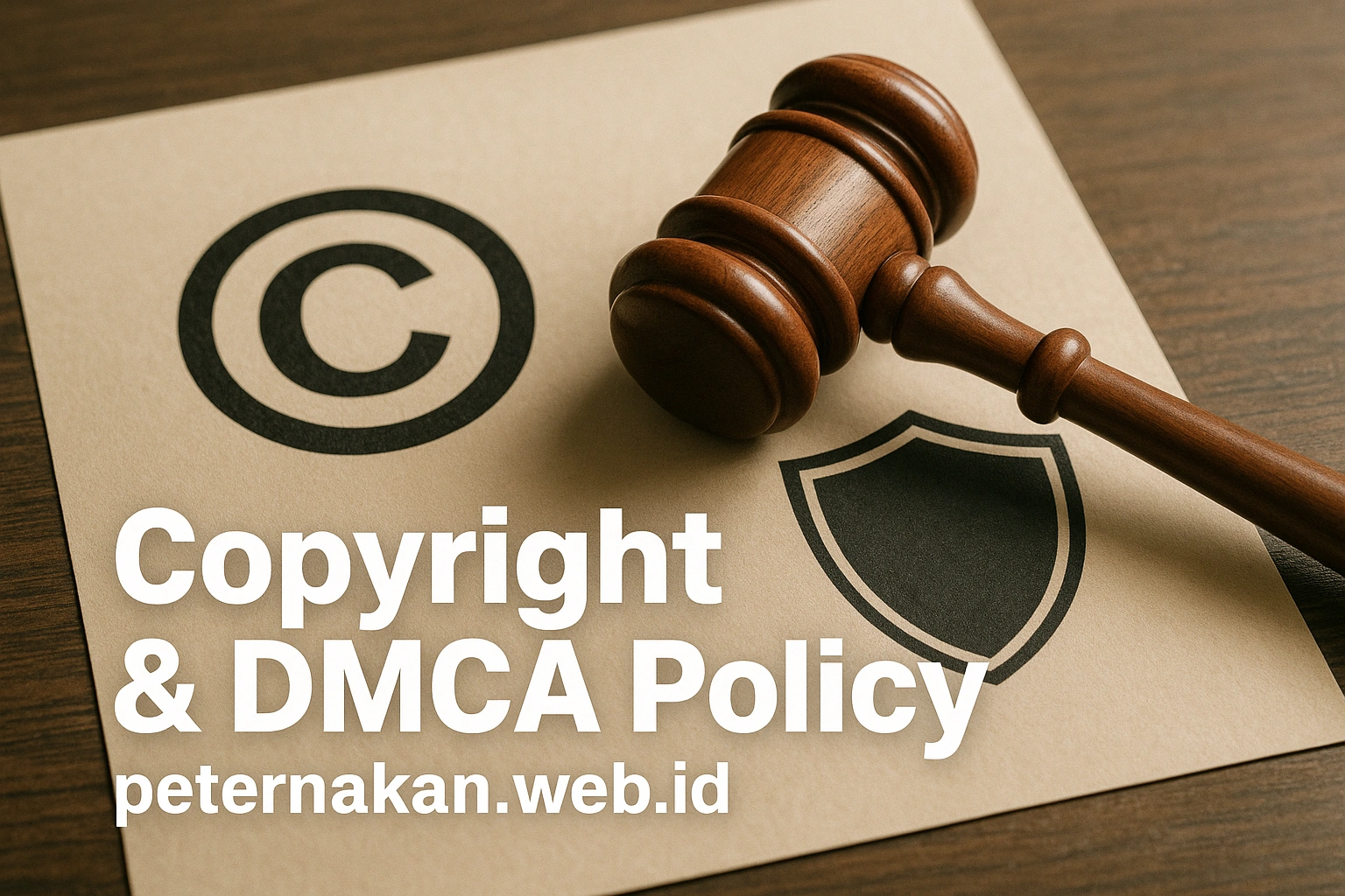 showing a copyright © symbol, a gavel, and a shield over a document, representing copyright protection and DMCA policy. Text overlay reads ‘Copyright & DMCA Policy – peternakan.web.id’