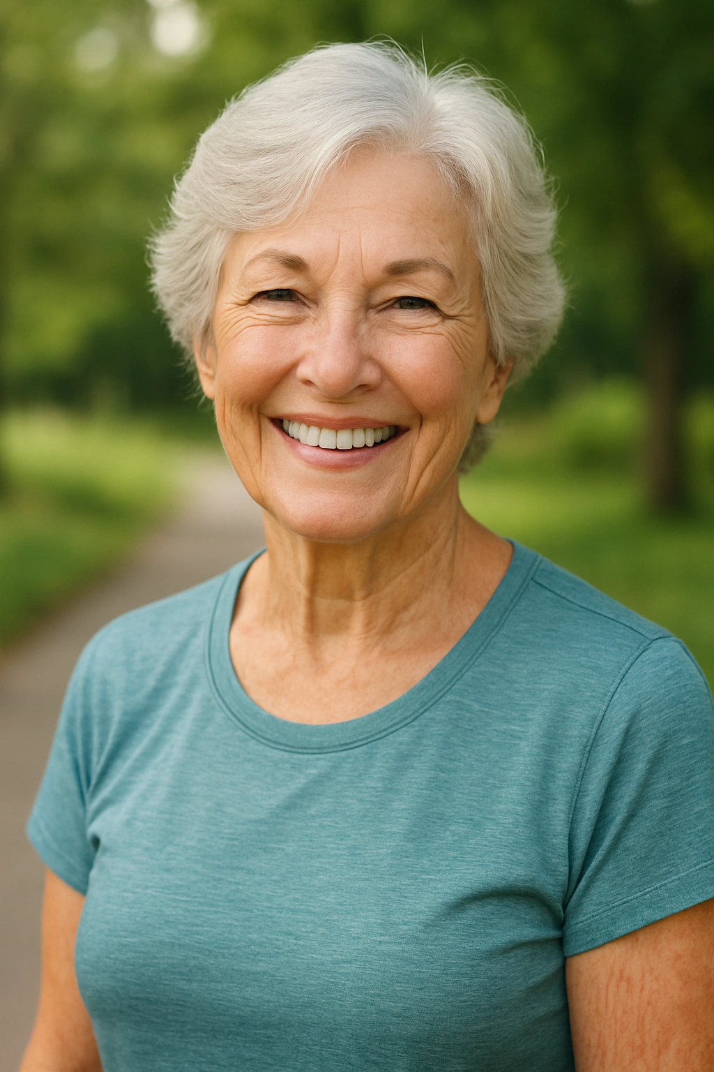 visual realistis A healthy and happy senior woman smiling, representing proactive health and wellness.