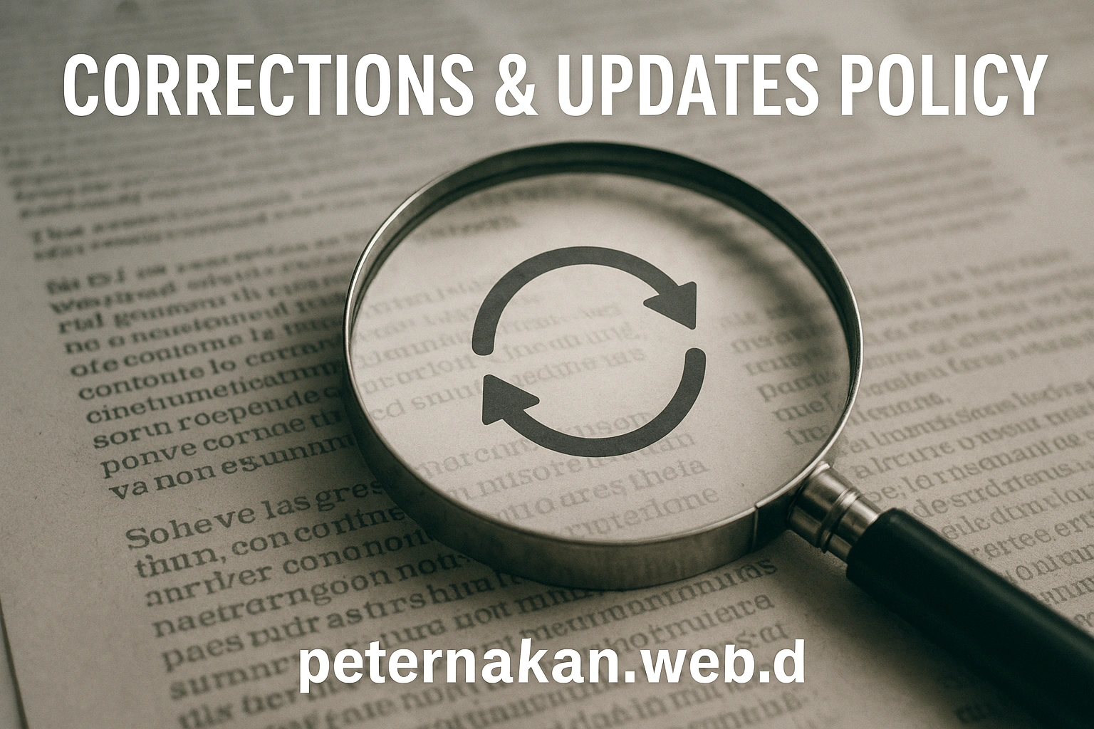 showing a magnifying glass over a document with a refresh arrow, symbolizing accuracy, corrections, and updates in editorial policy. Text overlay reads ‘Corrections & Updates Policy – peternakan.web.id’.