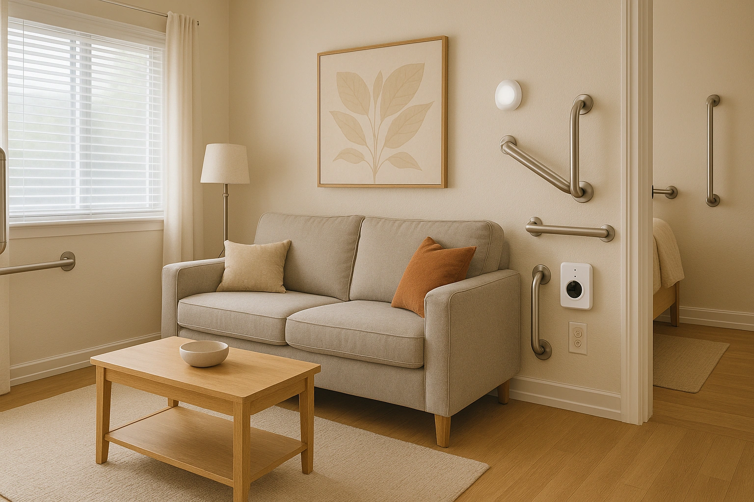afe and comfortable home environment for seniors featuring non-slip rugs, grab bars, motion-sensor lighting, and smart fall detection devices, demonstrating effective home safety tips seniors for independence