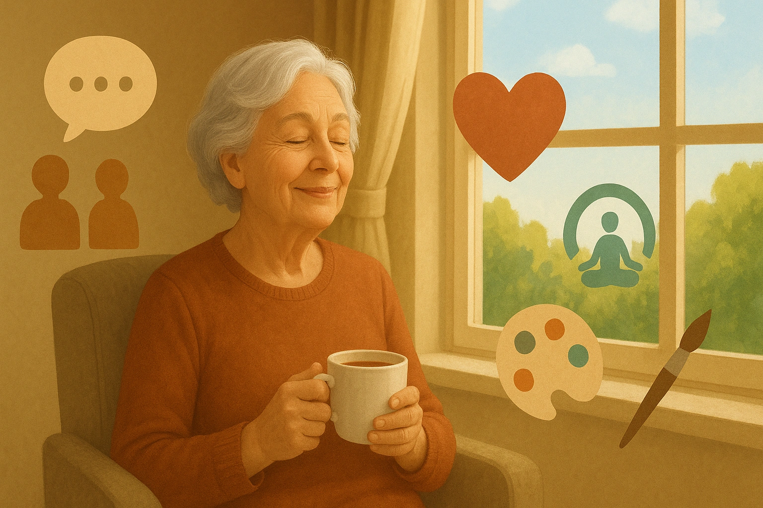 Illustration of a happy senior sitting peacefully by a sunny window, holding tea, surrounded by symbols of mental health tips like social connection, mindfulness, and hobbies, representing emotional well-being