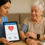 Adult caregiver using health monitoring devices for seniors at home, including smartwatch, blood pressure monitor, and tablet displaying health data, highlighting safety, independence, and proactive elder care.