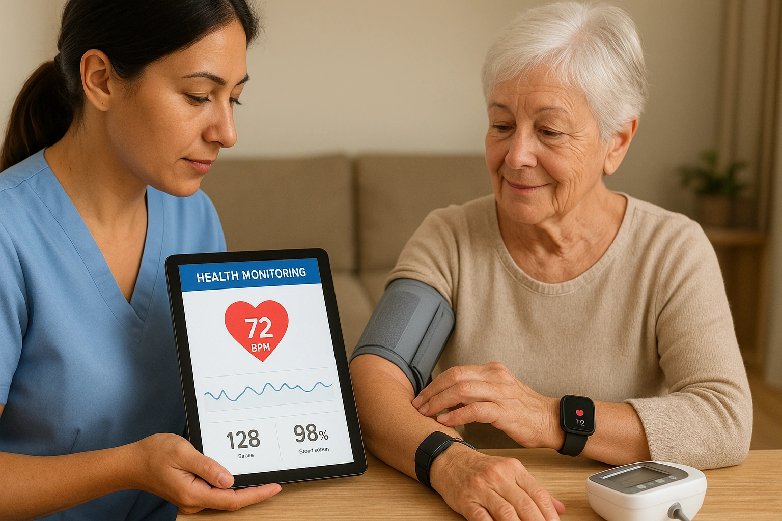 Adult caregiver using health monitoring devices for seniors at home, including smartwatch, blood pressure monitor, and tablet displaying health data, highlighting safety, independence, and proactive elder care.