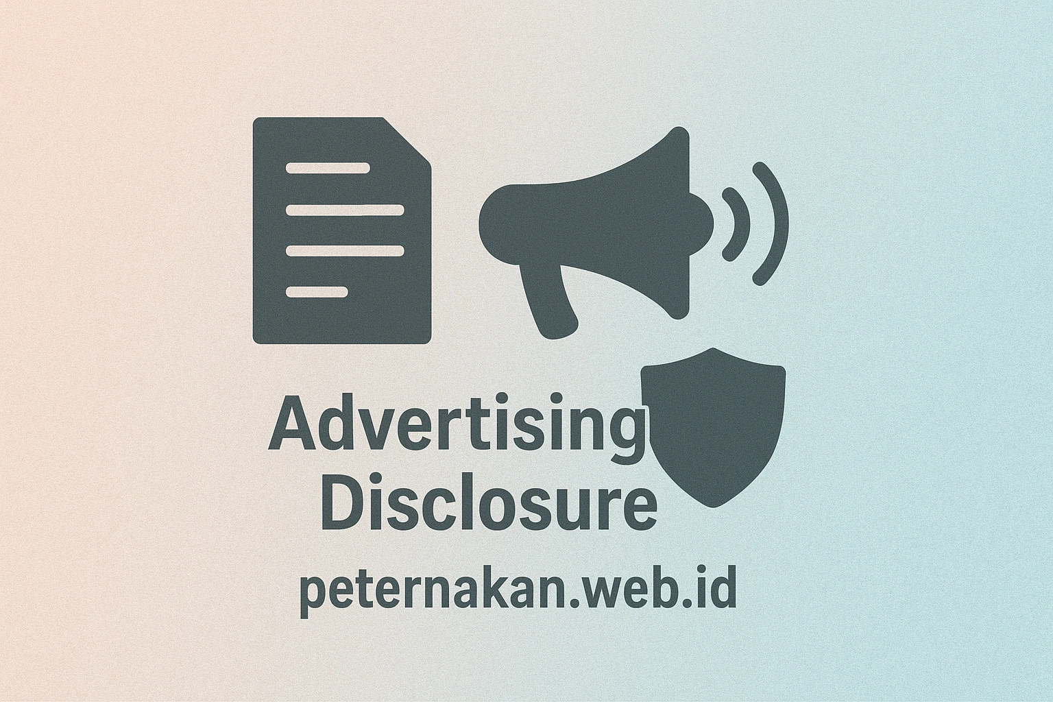 Thumbnail image with document, megaphone, and shield icons on a pastel background, symbolizing transparency in advertising. Text overlay reads ‘Advertising Disclosure – peternakan.web.id’, representing trust a