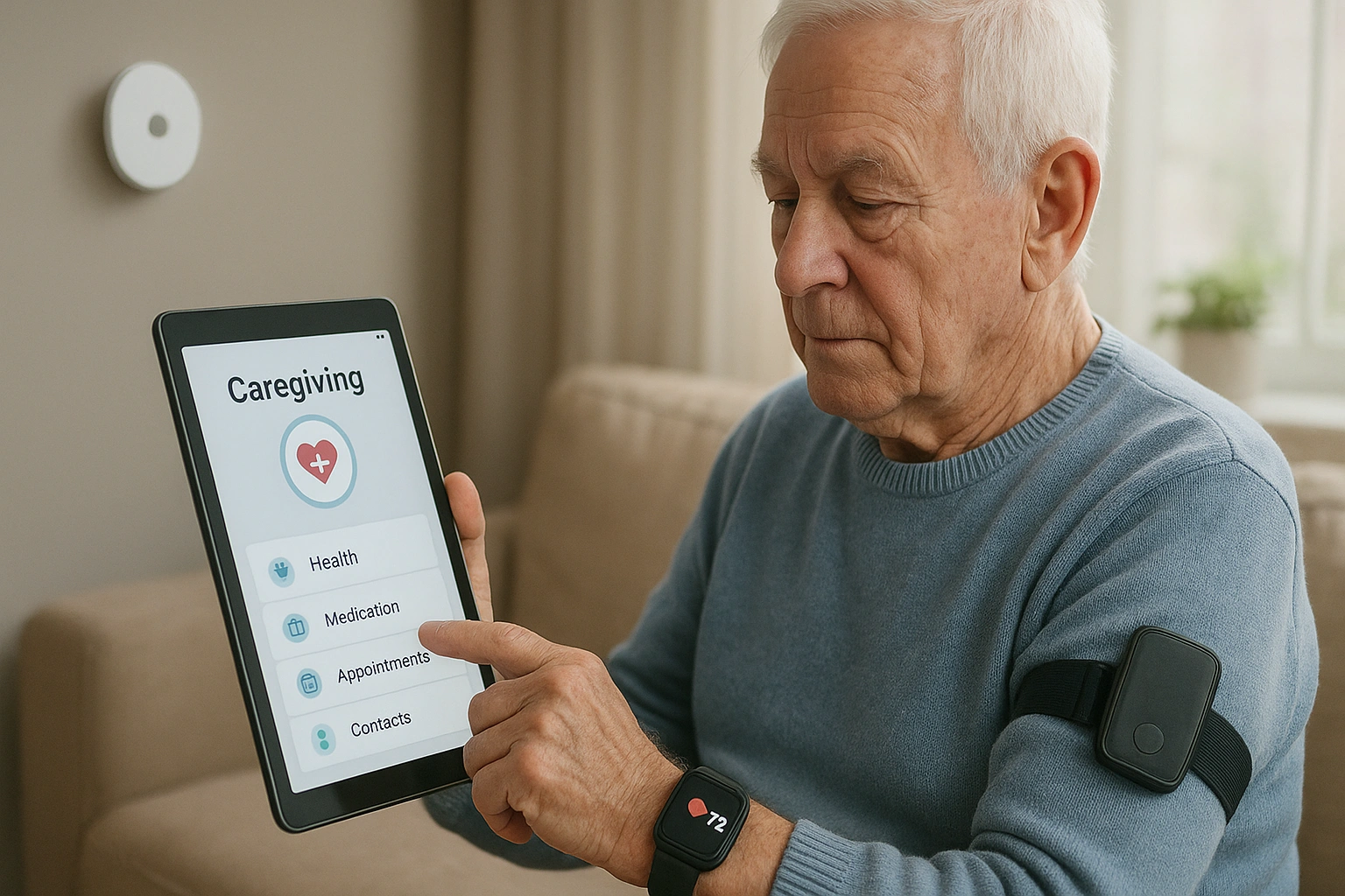 An elderly adult using aging technology tools at home, including a tablet with caregiving apps, wearable health devices, and smart home sensors, symbolizing safety, independence, and connected family support.