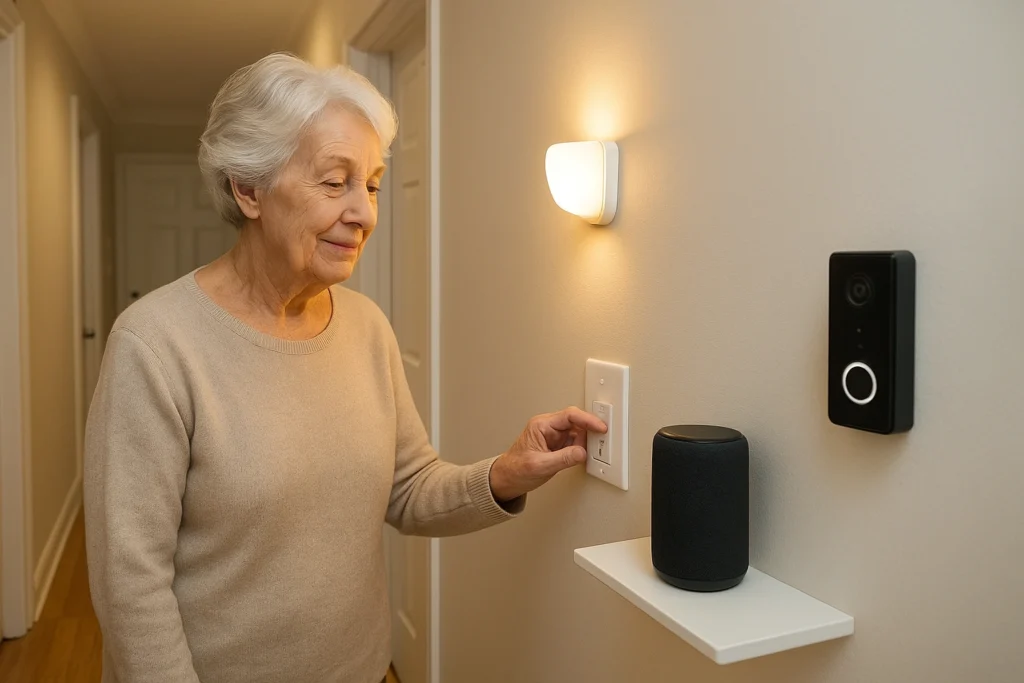 A senior woman in a well-lit hallway using smart home devices, including motion-activated lights, a smart speaker, smart plug, and video doorbell, illustrating a safe and connected home environment for aging in place.