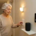 A senior woman in a well-lit hallway using smart home devices, including motion-activated lights, a smart speaker, smart plug, and video doorbell, illustrating a safe and connected home environment for aging in place.
